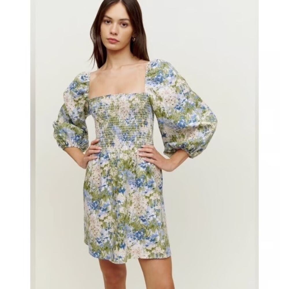 REFORMATION Greyson Green Floral Puff Sleeve Smock Linen Dress XS